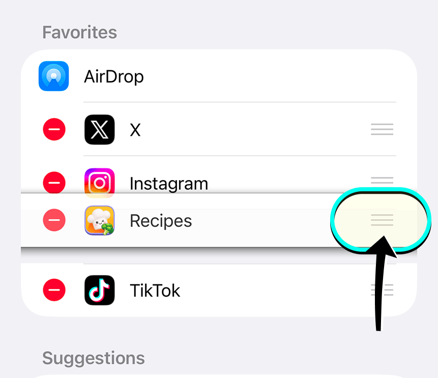 The iOS share sheet with the More button highlighted at the end of the app row