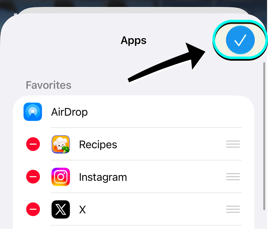 The iOS share sheet with the More button highlighted at the end of the app row