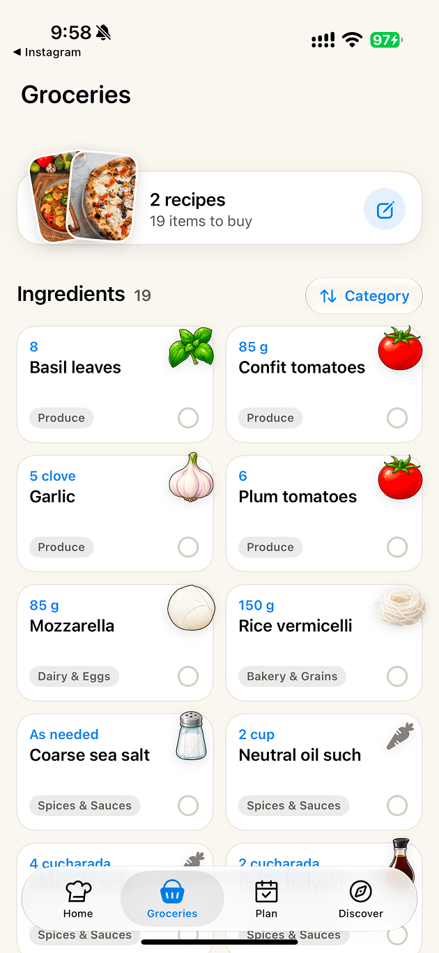 iRecipes grocery list