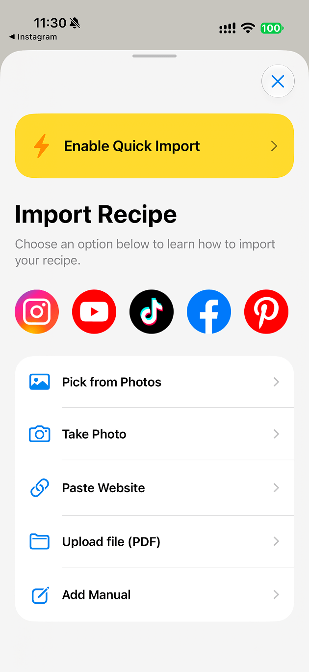 iRecipes import screen